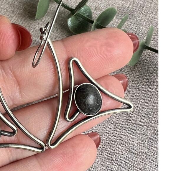 Silver Triangle Dangle Earrings Faux Black Onyx Stone | Geometric Boho Jewelry - Picture 3 of 5